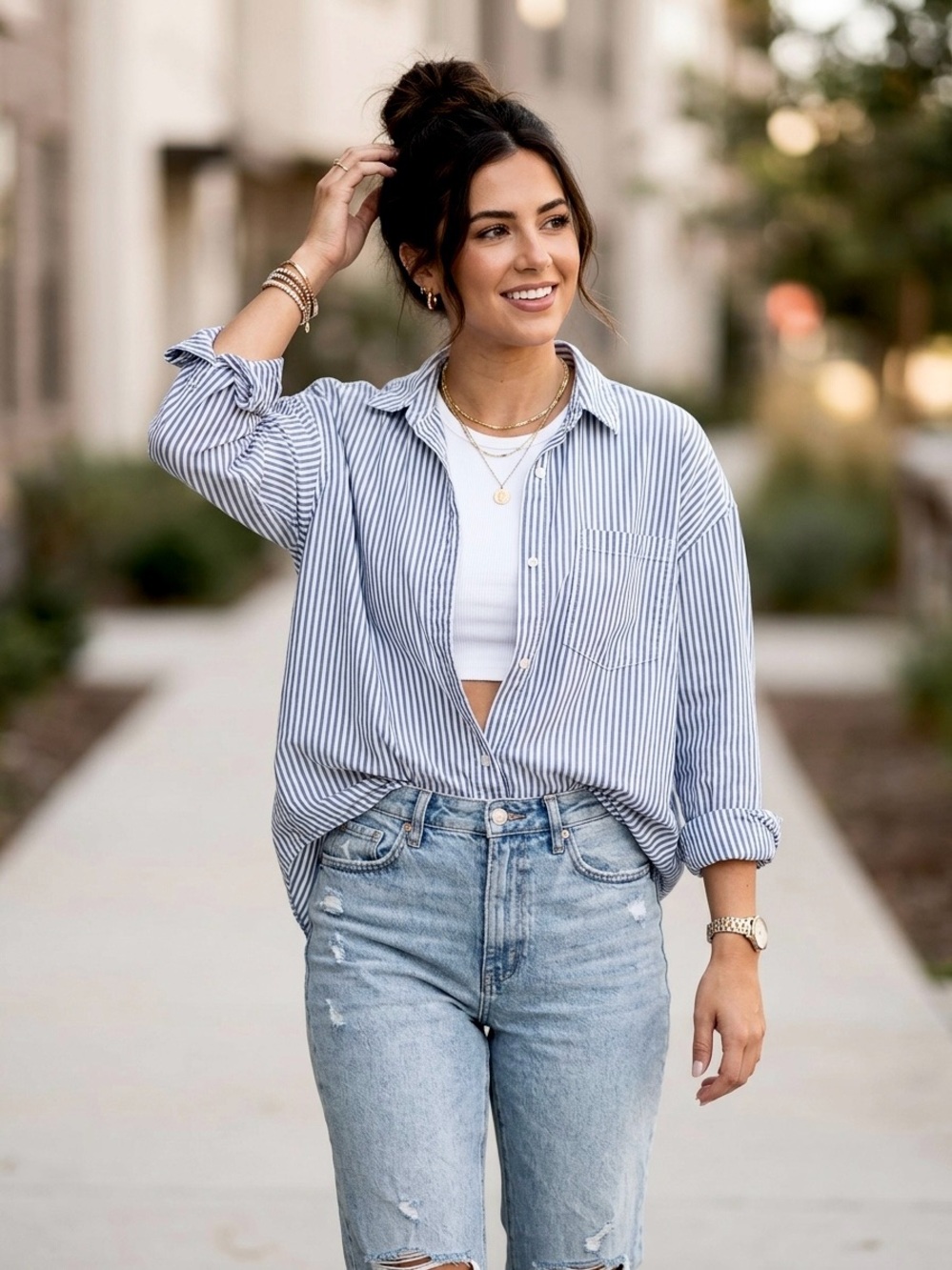 Old Navy The Boyfriend Shirt Blue White Striped Button-Down Top Size M